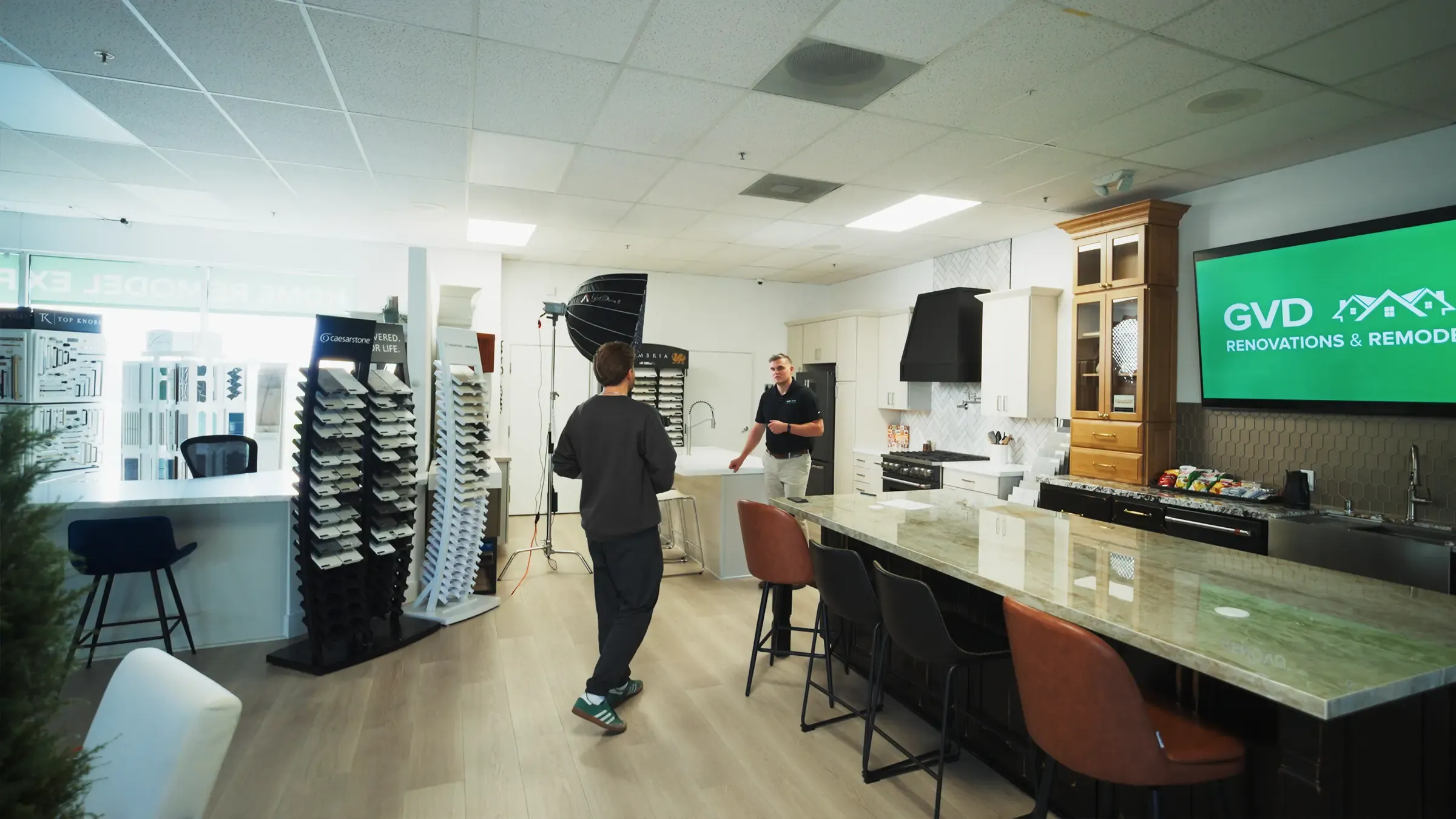 A crew filming in the GVD Renovations showroom